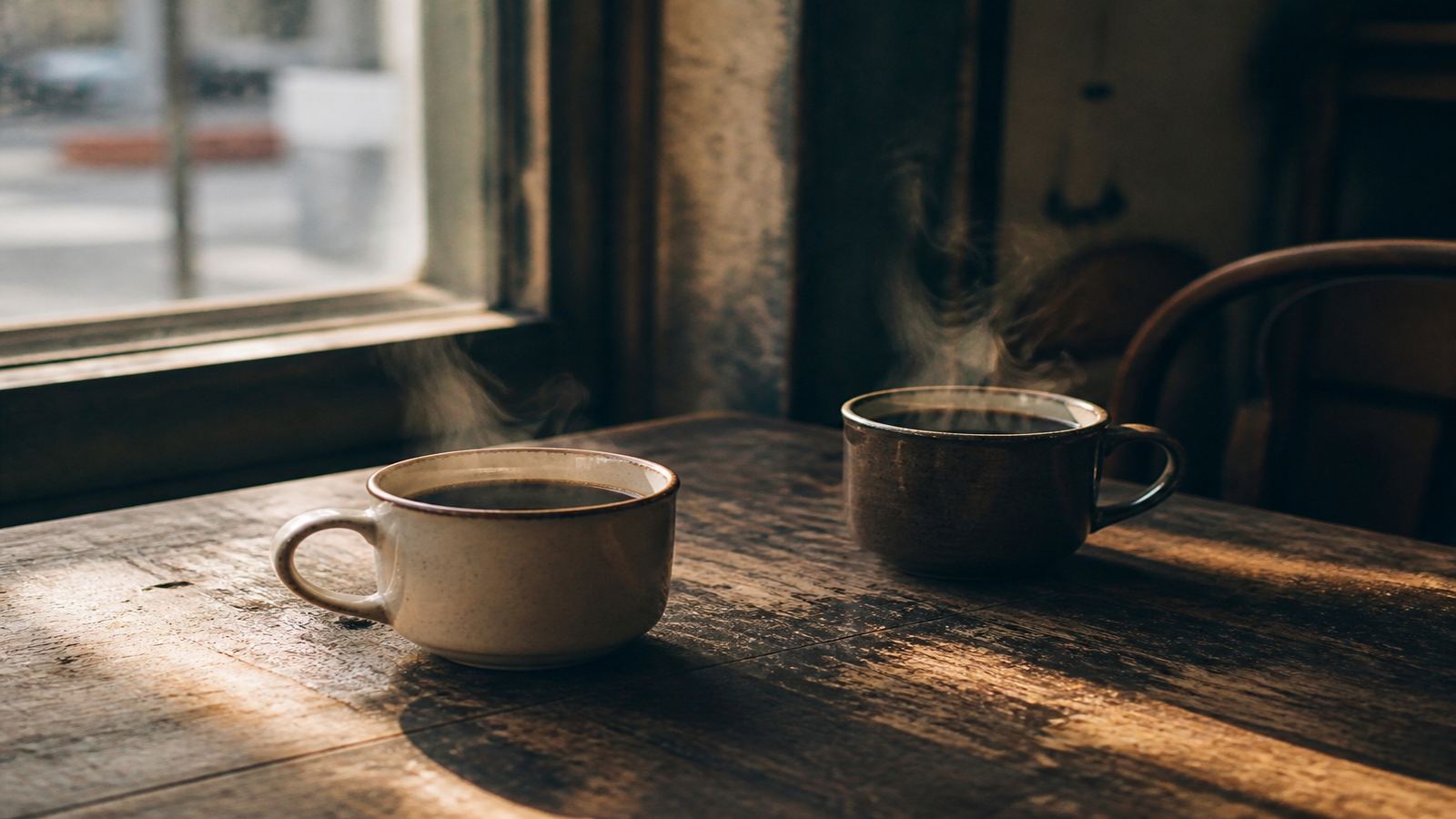 窓辺のテーブルとコーヒー